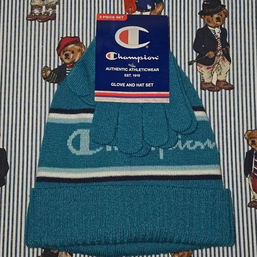Kids Champion Teal 2 Piece Hat And Gloves Set Unisex